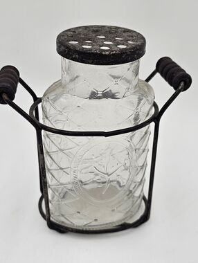 Vintage Glass Sugar Shaker with Metal Carrier